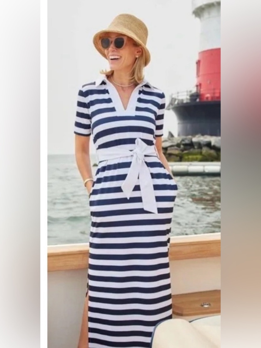Dudley Stephens Navy and White Striped Makadet Maxi Dress with Waist Tie